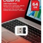 USB Flash Drives SanDisk Cruzer Fit USB Flash Drive, CZ33 64GB, USB2.0, Black, Plug & Stay, 5Y