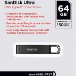 USB Flash Drives SanDisk Ultra USB Type-C Flash Drive, CZ460 64GB, USB Type C 3.1, Black, Super-thin Retractable, 5Y