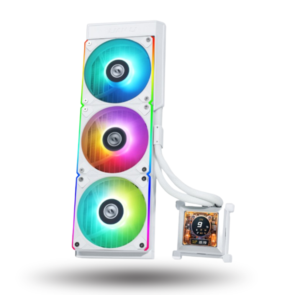 LIAN LI Hydroshift LCD AIO 360R RGB WHITE with 2.88” IPS LCD Screen - Enhanced Display - Unleash Power, Elevate Style & High Performance - Side-Mounted Design with Optimized Cable Managment